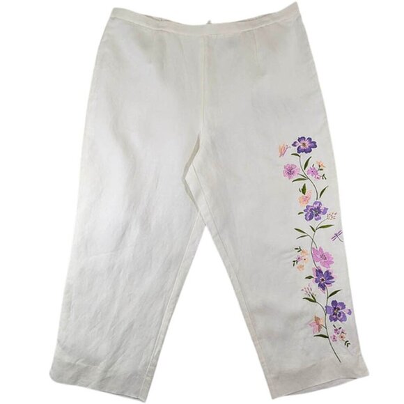 7th Avenue Linen Crop Capri Womens XL White Floral Embroidery CottageCore Beach - Picture 1 of 12